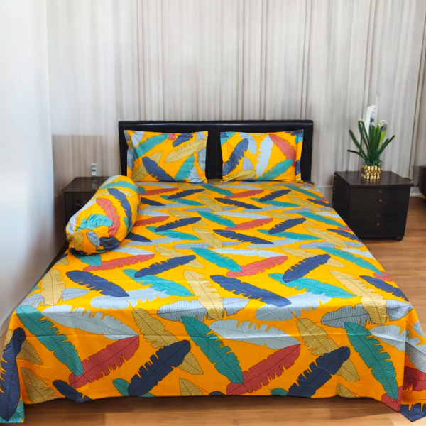 Yellow Leaf Luxury Twill Cotton 3 piece Bedsheet set