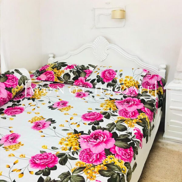 100% Pure Luxury Twill Cotton Bedsheet -  Rose Garden White