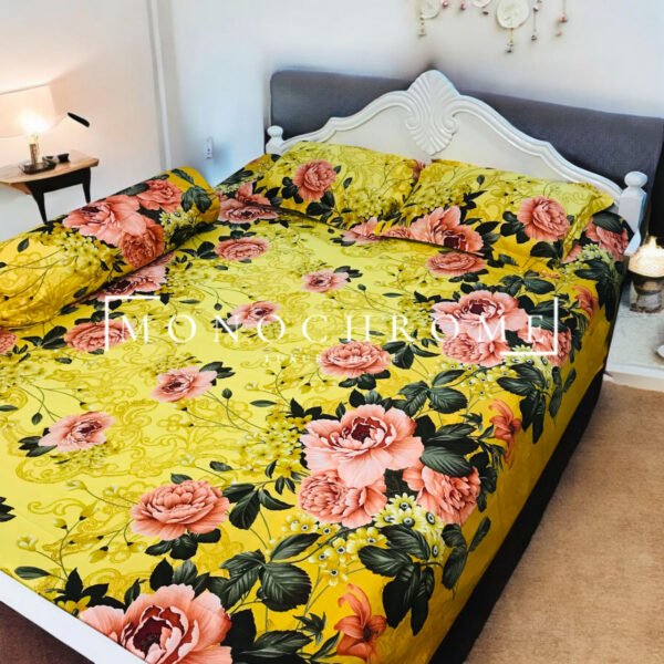 100% Pure Luxury Twill Cotton Bedsheet - Rose Garden Yellow - Image 2