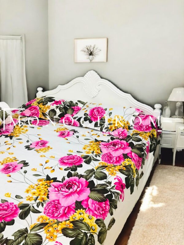 100% Pure Luxury Twill Cotton Bedsheet -  Rose Garden White - Image 3