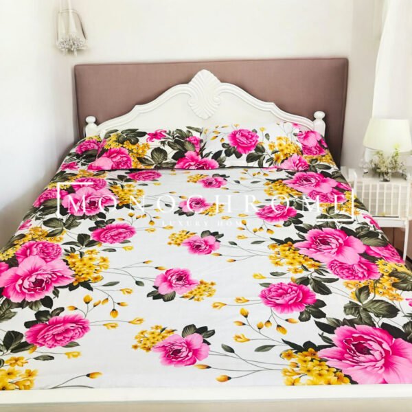 100% Pure Luxury Twill Cotton Bedsheet -  Rose Garden White - Image 2